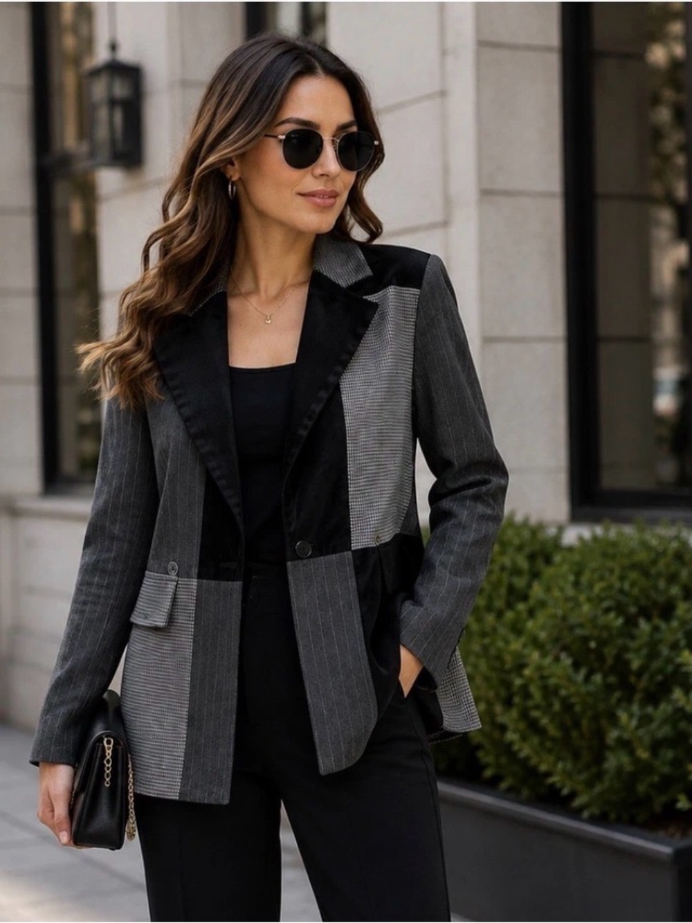 Nicole Miller Black and Gray Patchwork Blazer
